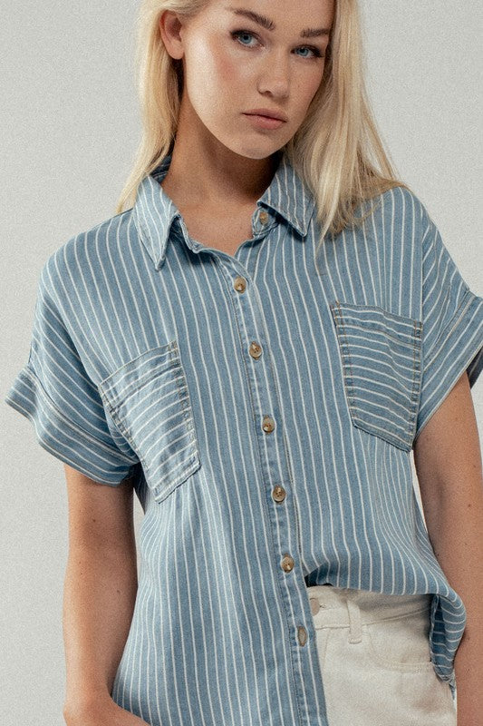Blue Pinstripe Button Up Summer Top