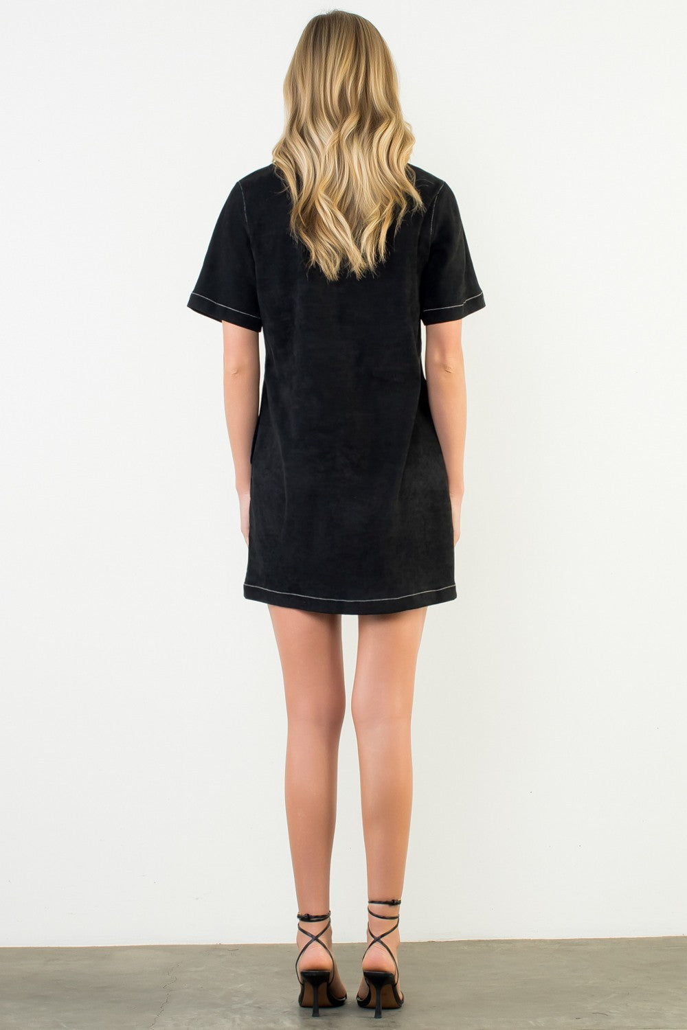 Black Short Sleeve Suede Feel Dress