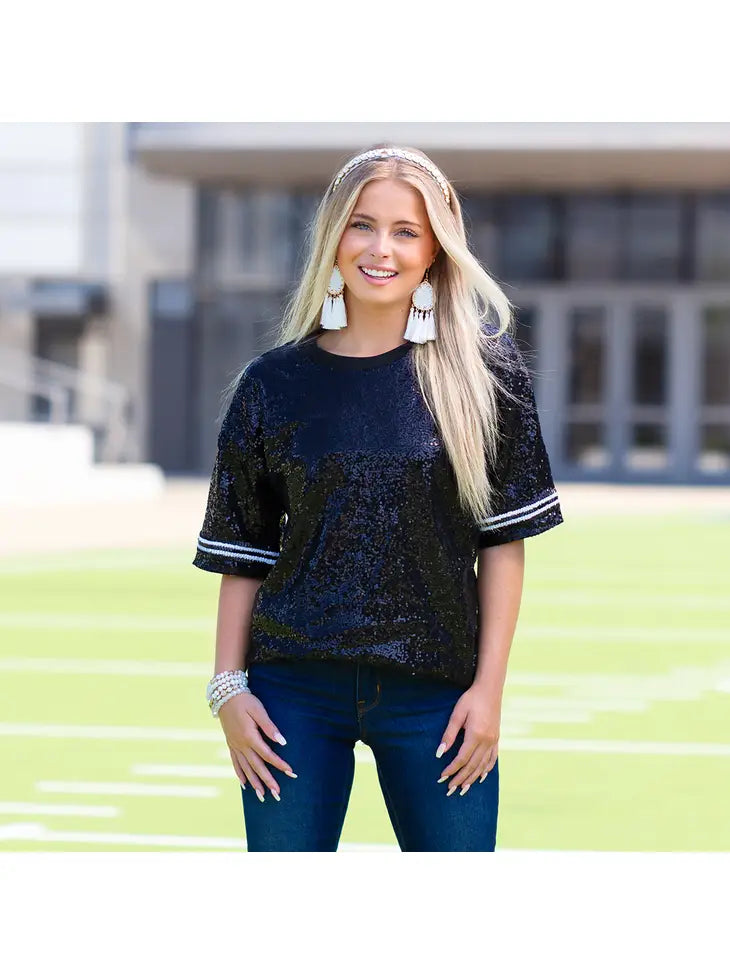 Black Sequin Half Sleeve Top