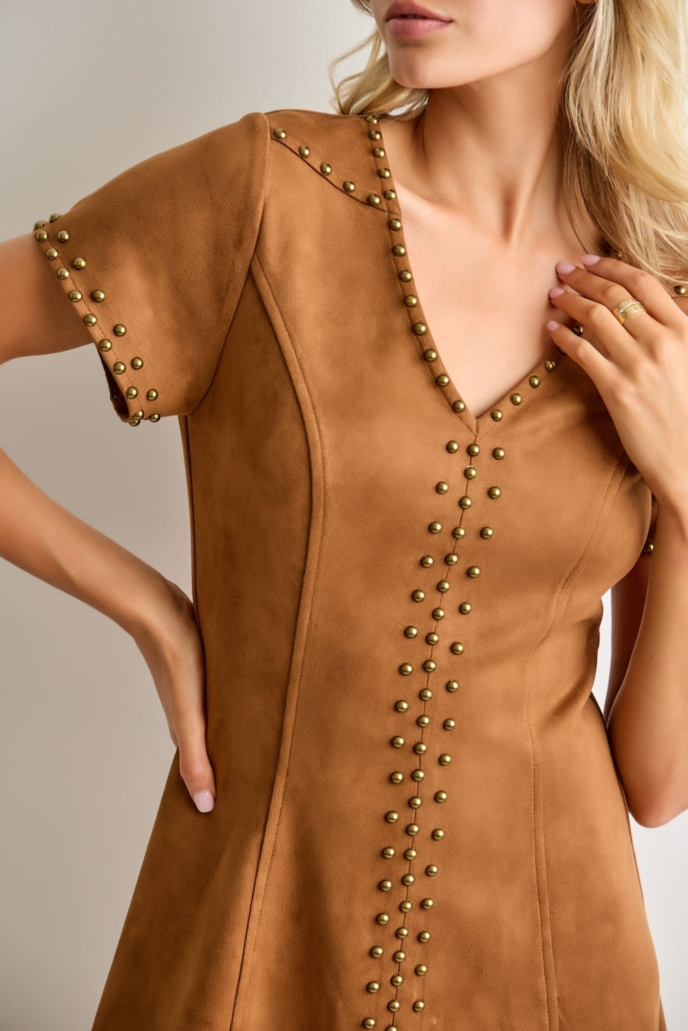 Stud Detail V-Neck Mini Dress