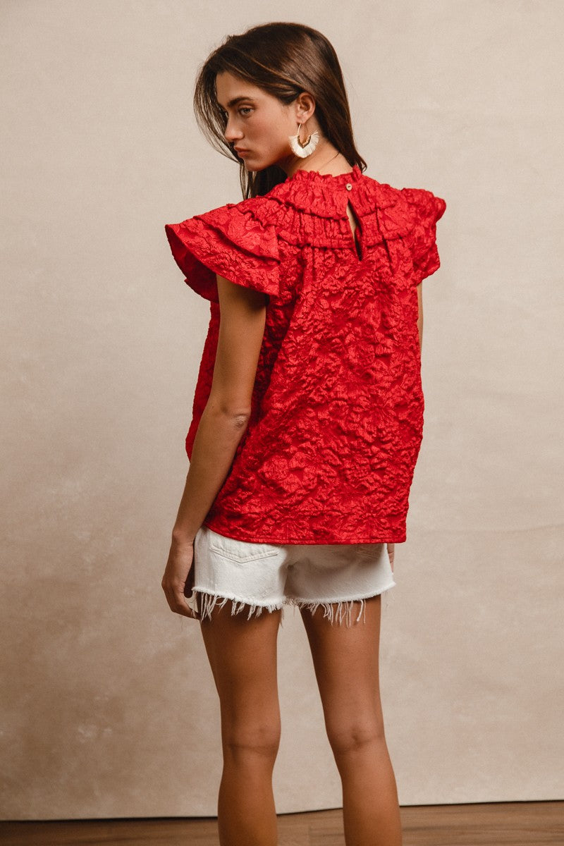 Red Textured Floral Ruffled Top