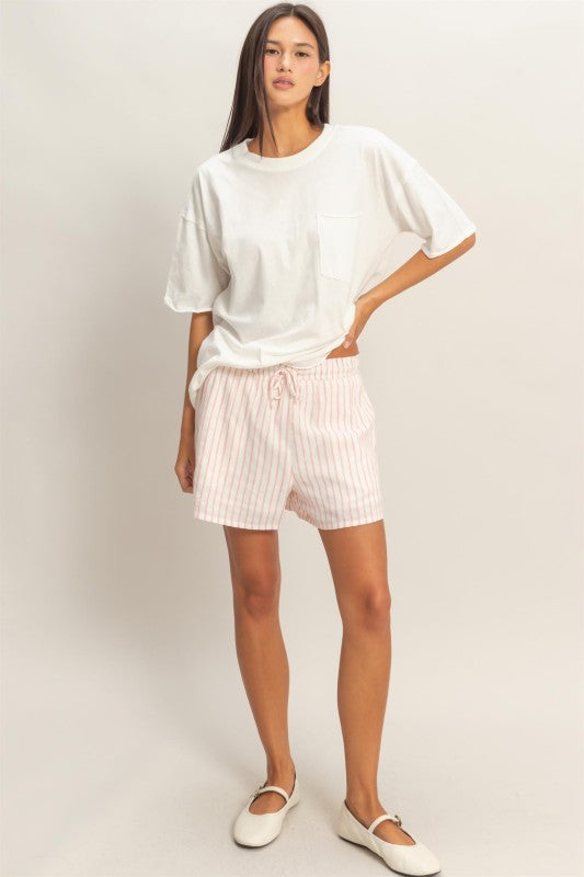 Striped Drawstring Shorts-Pink