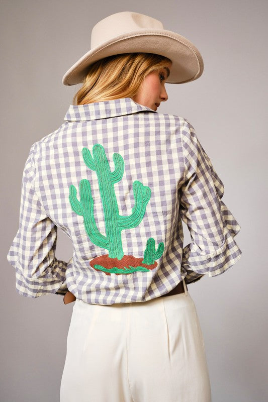 Gingham Floral Embroidered Snap Button Top