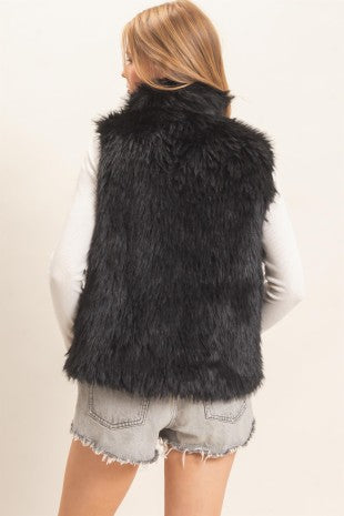 Faux Fur Zip-up Outerwear Vest- Black