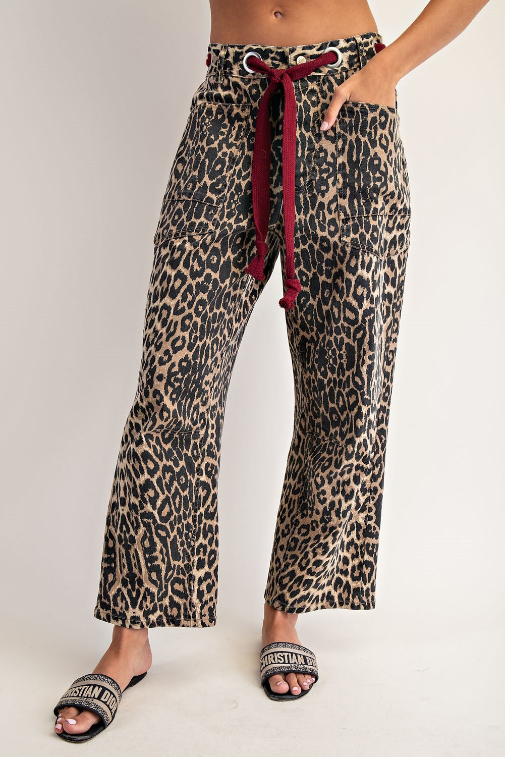 Leopard Tie Waist Barrel Jeans