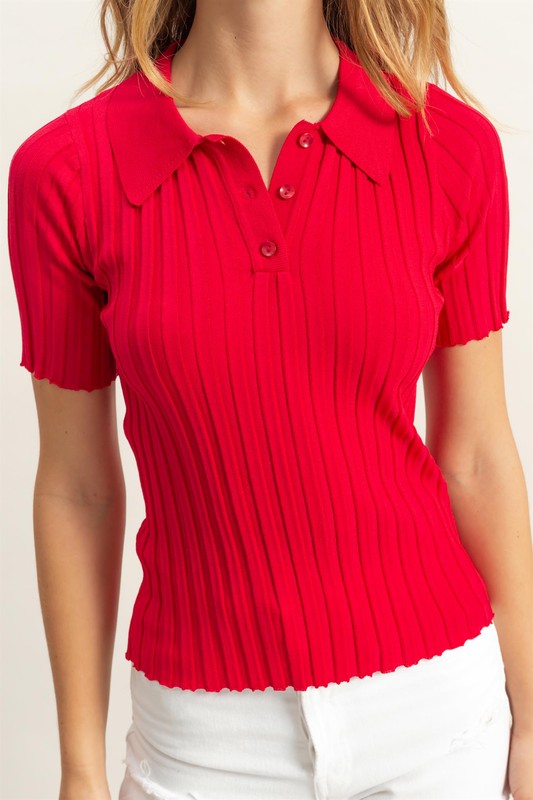 Red Knit Short Sleeve Polo Top