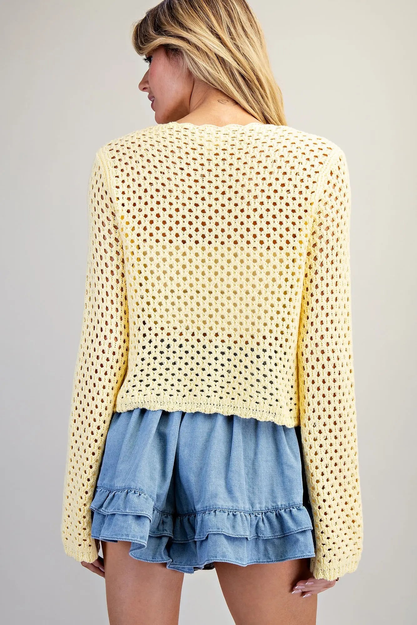 Crochet Open Knit Scallop Trim Sweater- Butter