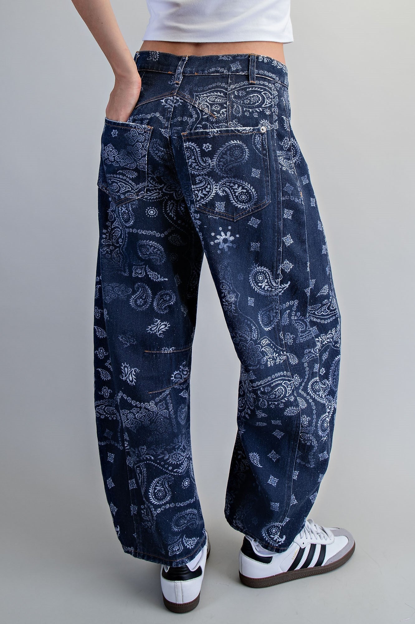 Mineral Washed Paisley Barrel Jeans- Midnight