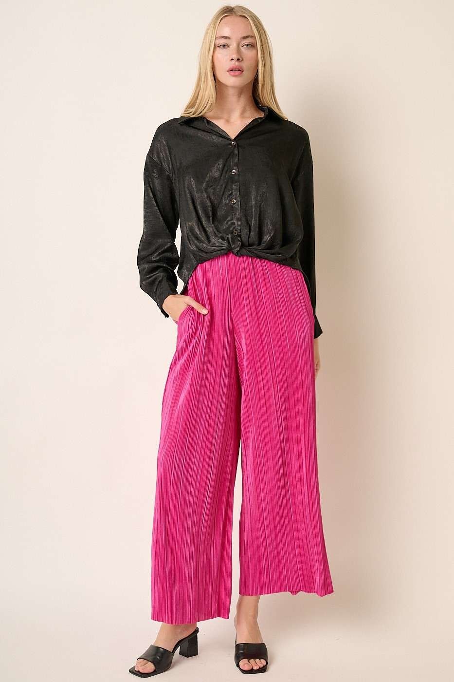 Magenta Pleated Satin Wide Leg Pants