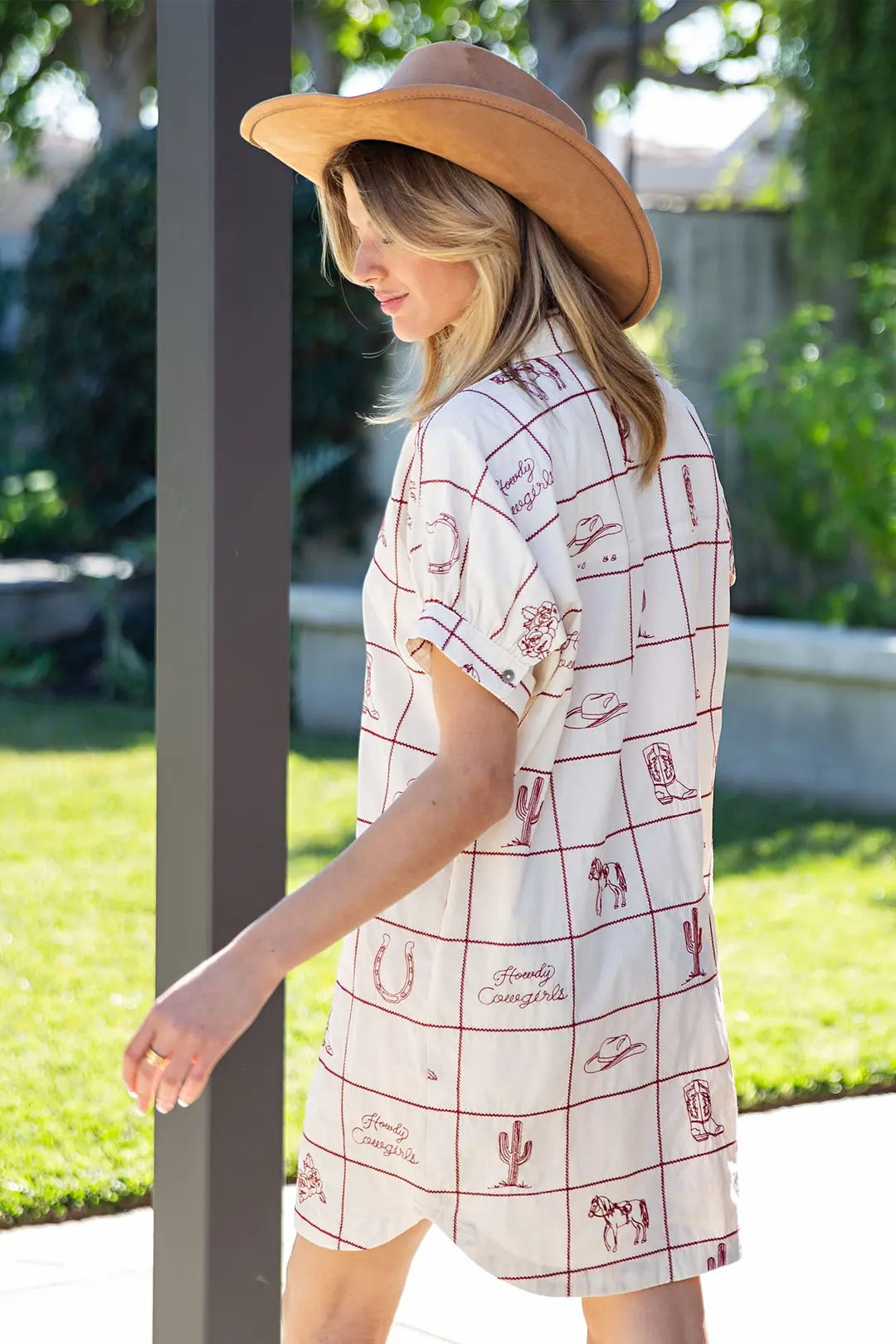 Cherry Wood & Cream Grid Western Design Shirt Dress