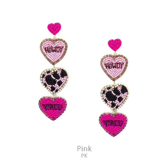 Pink Howdy Y'all Beaded Heart Earrings