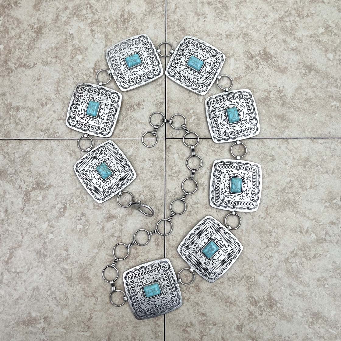 28" Silver & Turquoise Large Square Concho Belt