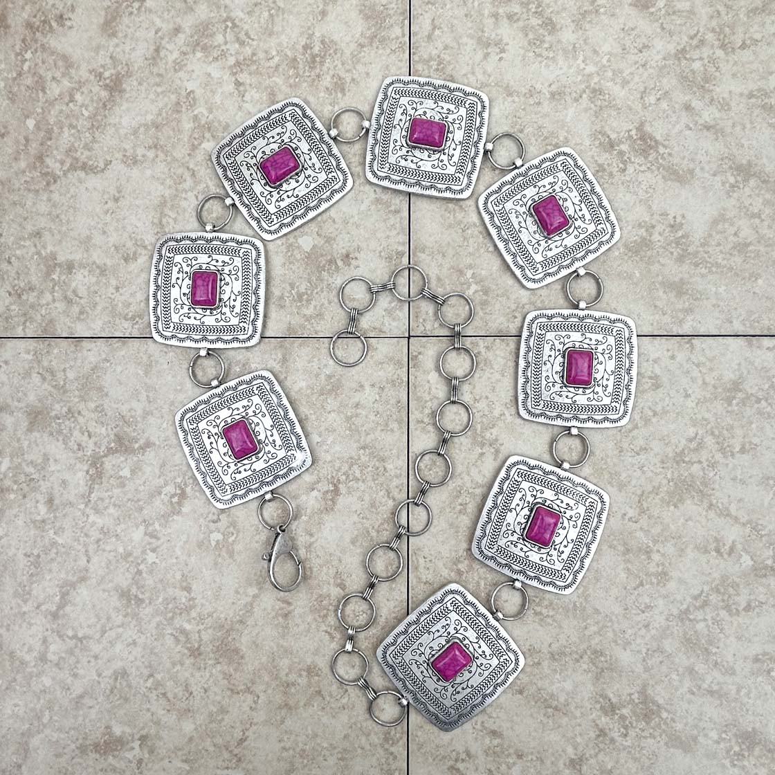 28" Silver & Hot Pink Large Square Concho Belt