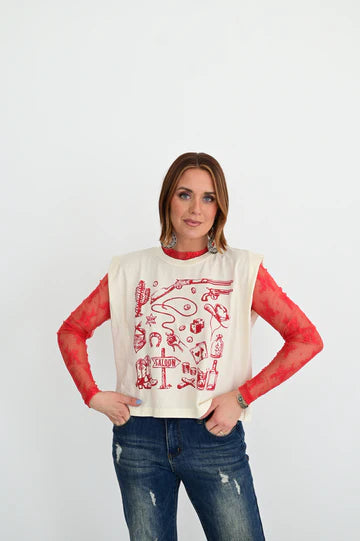 Red Lace Mesh Long Sleeve Top