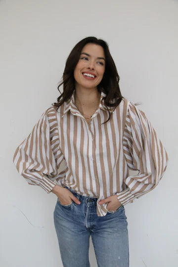 Tan Striped Puff Sleeve Button Up Top