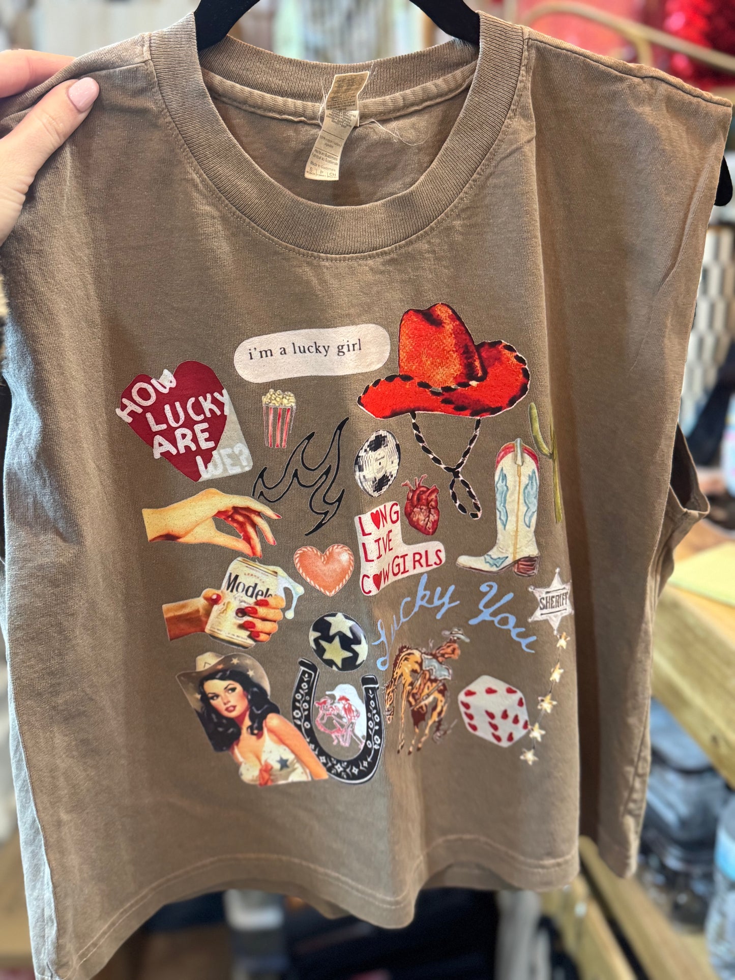 Lucky You Collage on Brown Muscle Tank