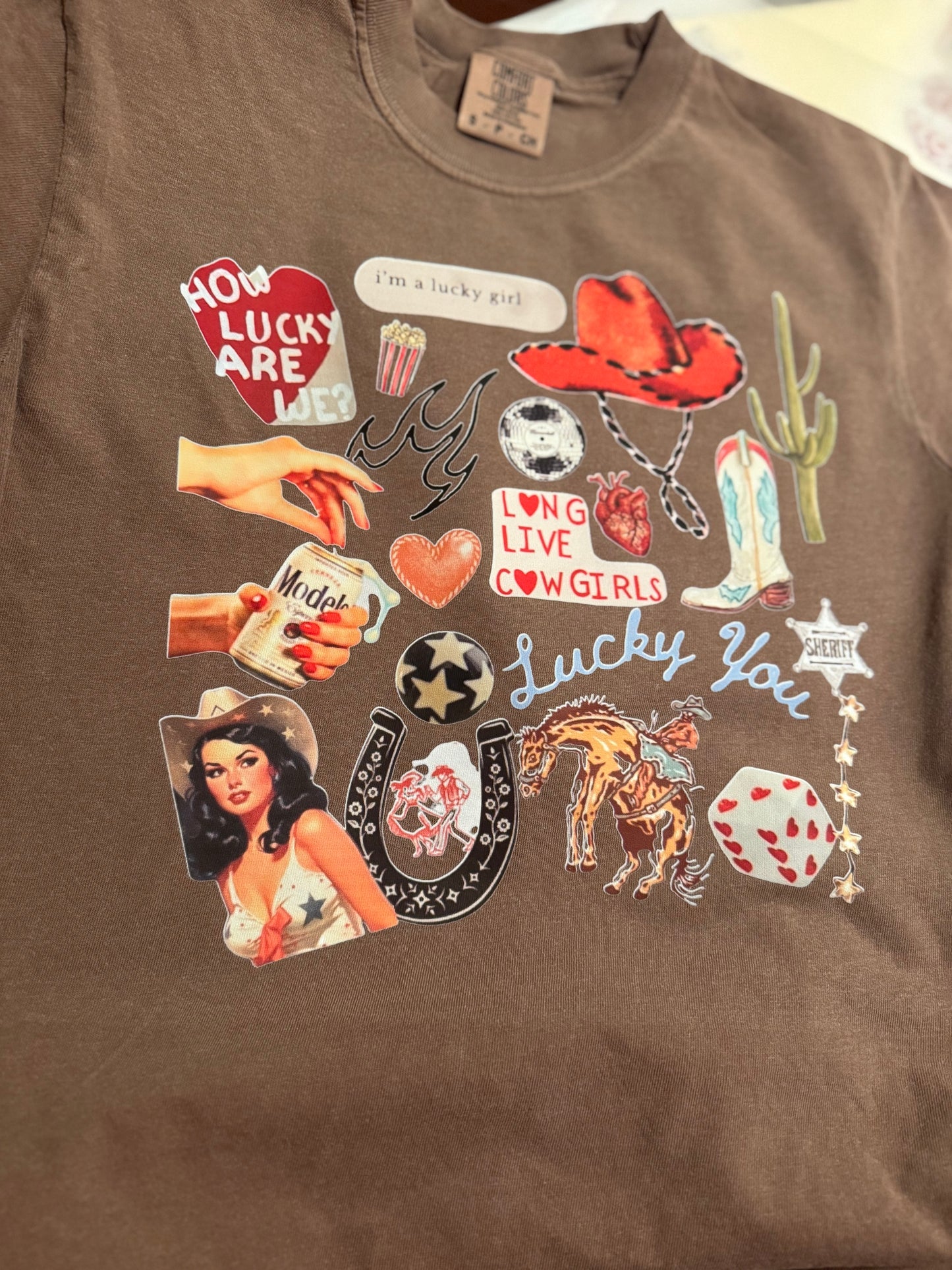 How Lucky Are We Collage Tee in Expresso-LF