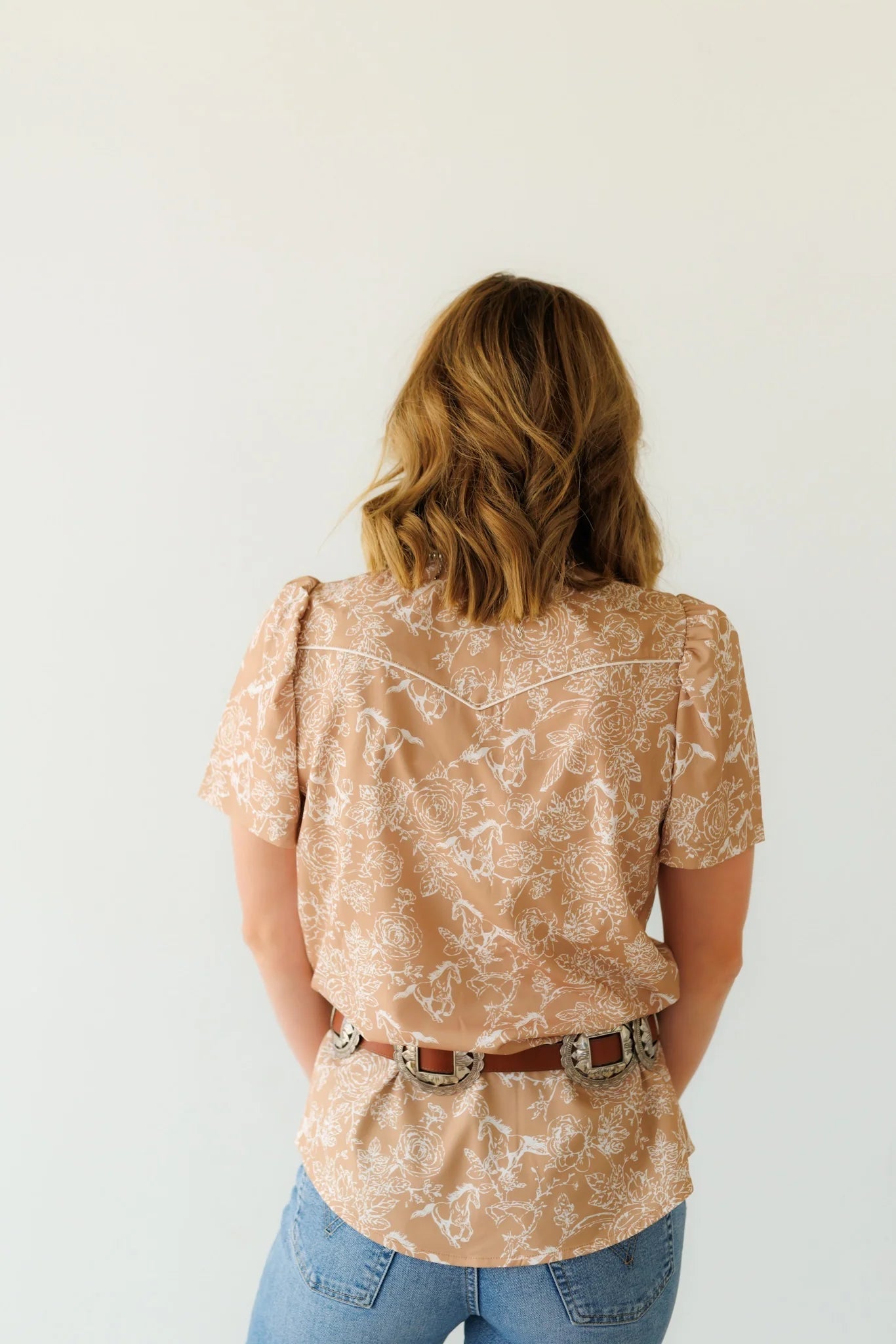 Tan Floral Horse Pearl Snap Top