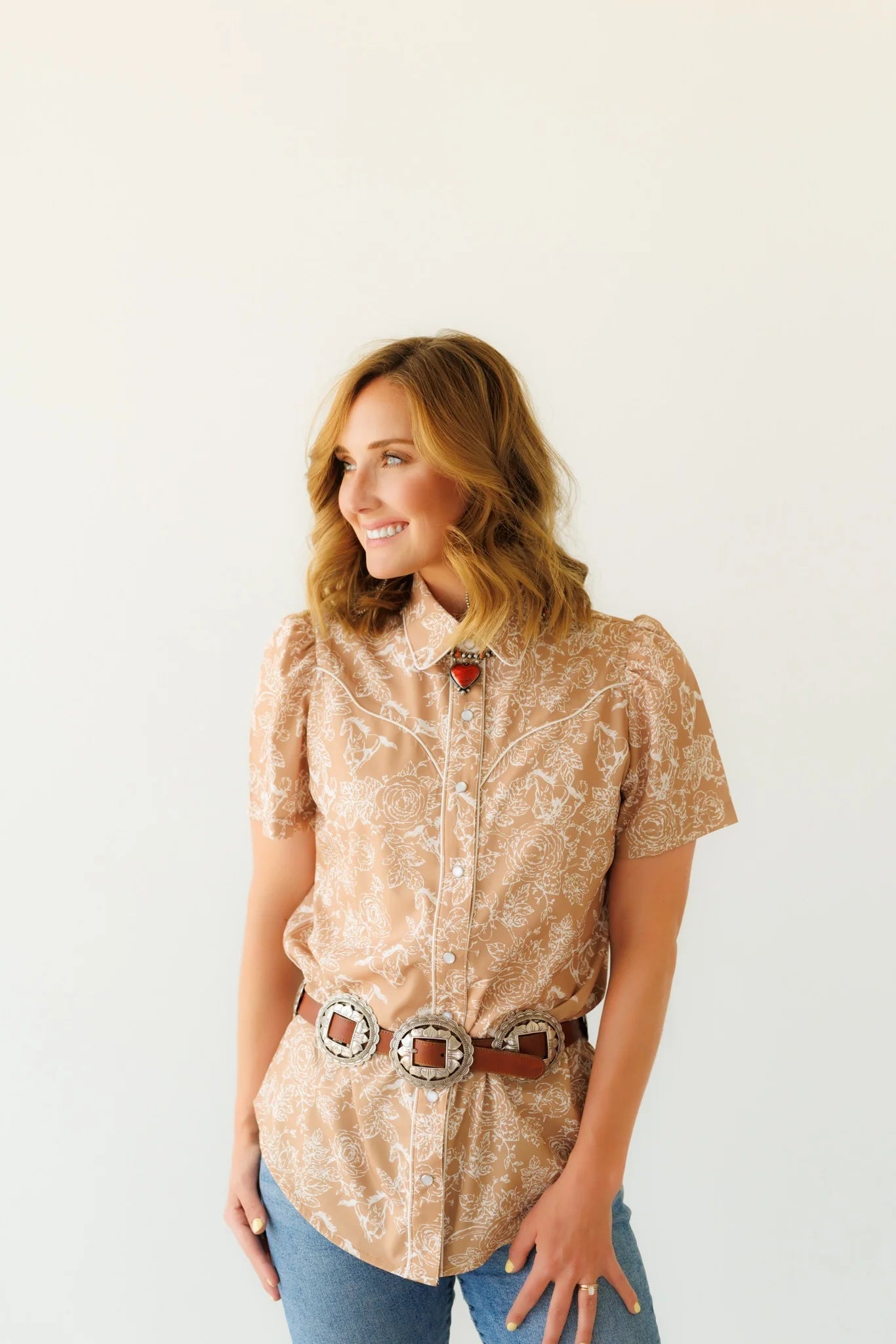 Tan Floral Horse Pearl Snap Top
