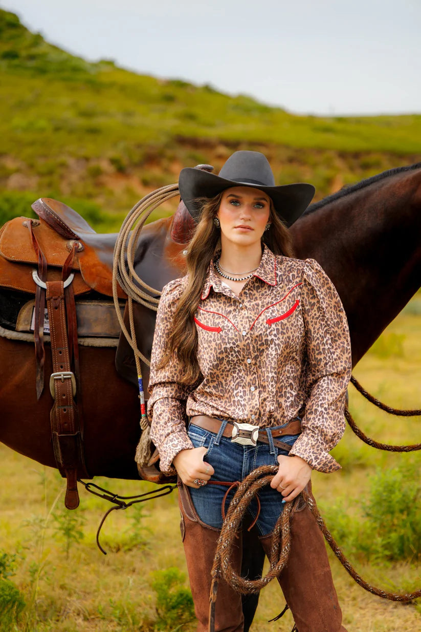 Red & Leopard Pearl Snap Shirt