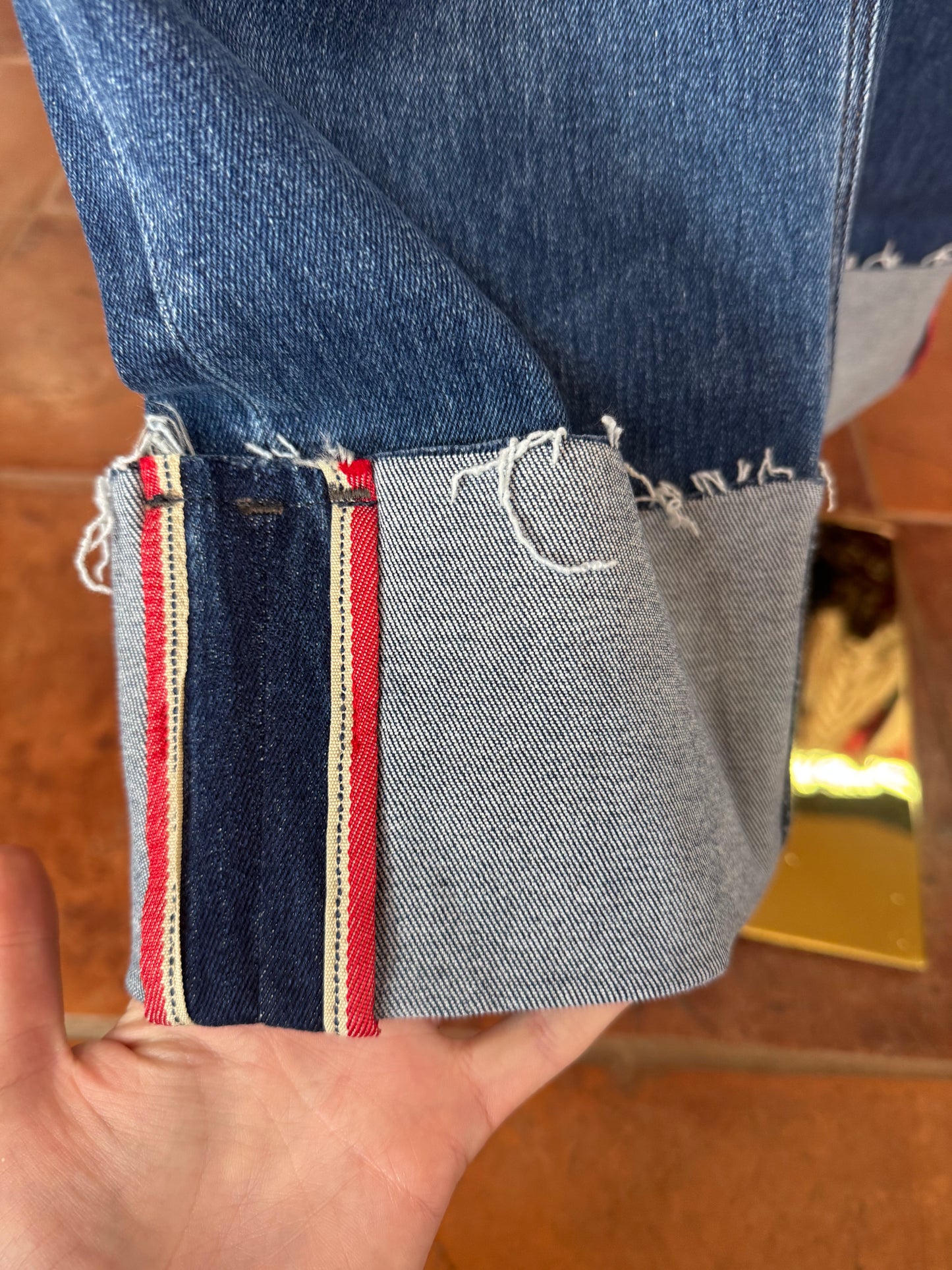 Risen Mid-Rise Crop Wide Cuff Jeans with Red Stitched Cuffs