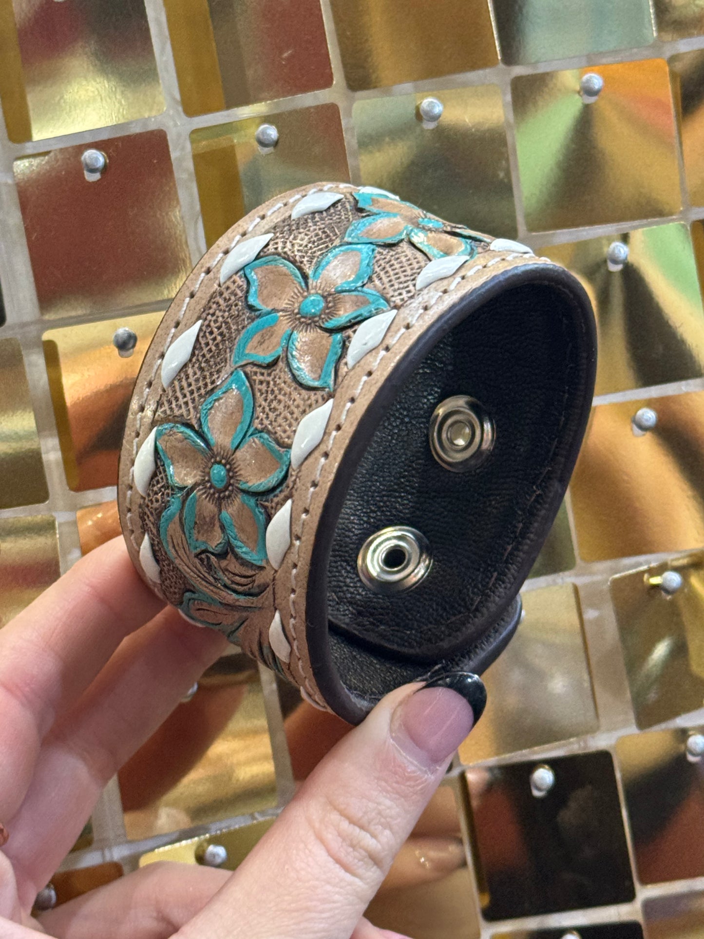 Floral Buck Stitch Leather Cuff Bracelet