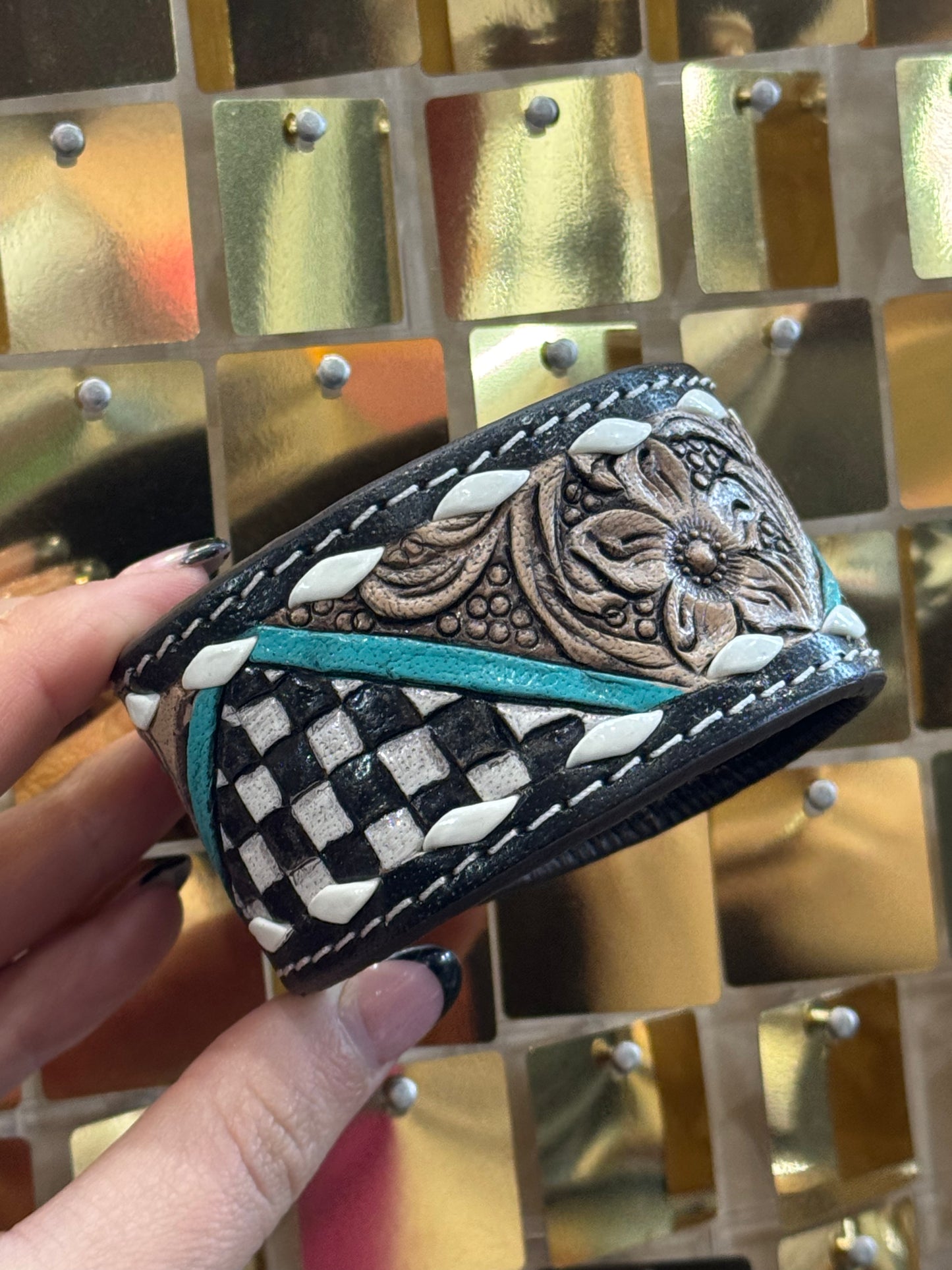 Checkered Floral Buck Stitch Cuff Bracelet