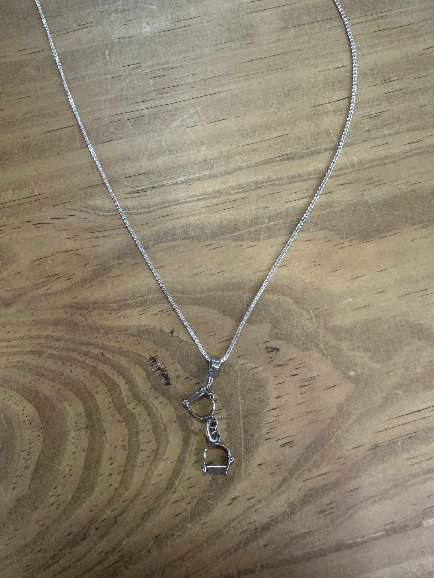 Sterling Silver Pair of Stirrups Necklace on Box Chain