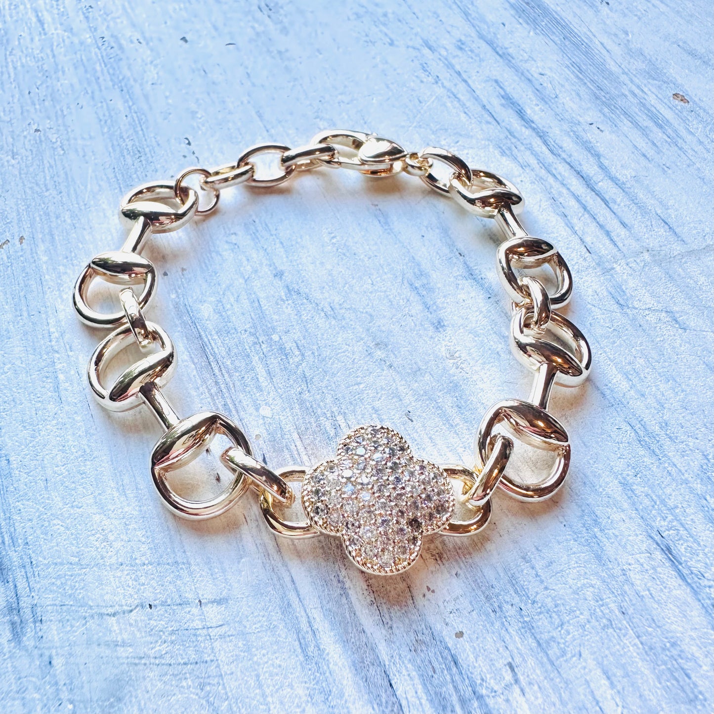 Gold & Large Paved CZ Clover Horse Bit Bracelet