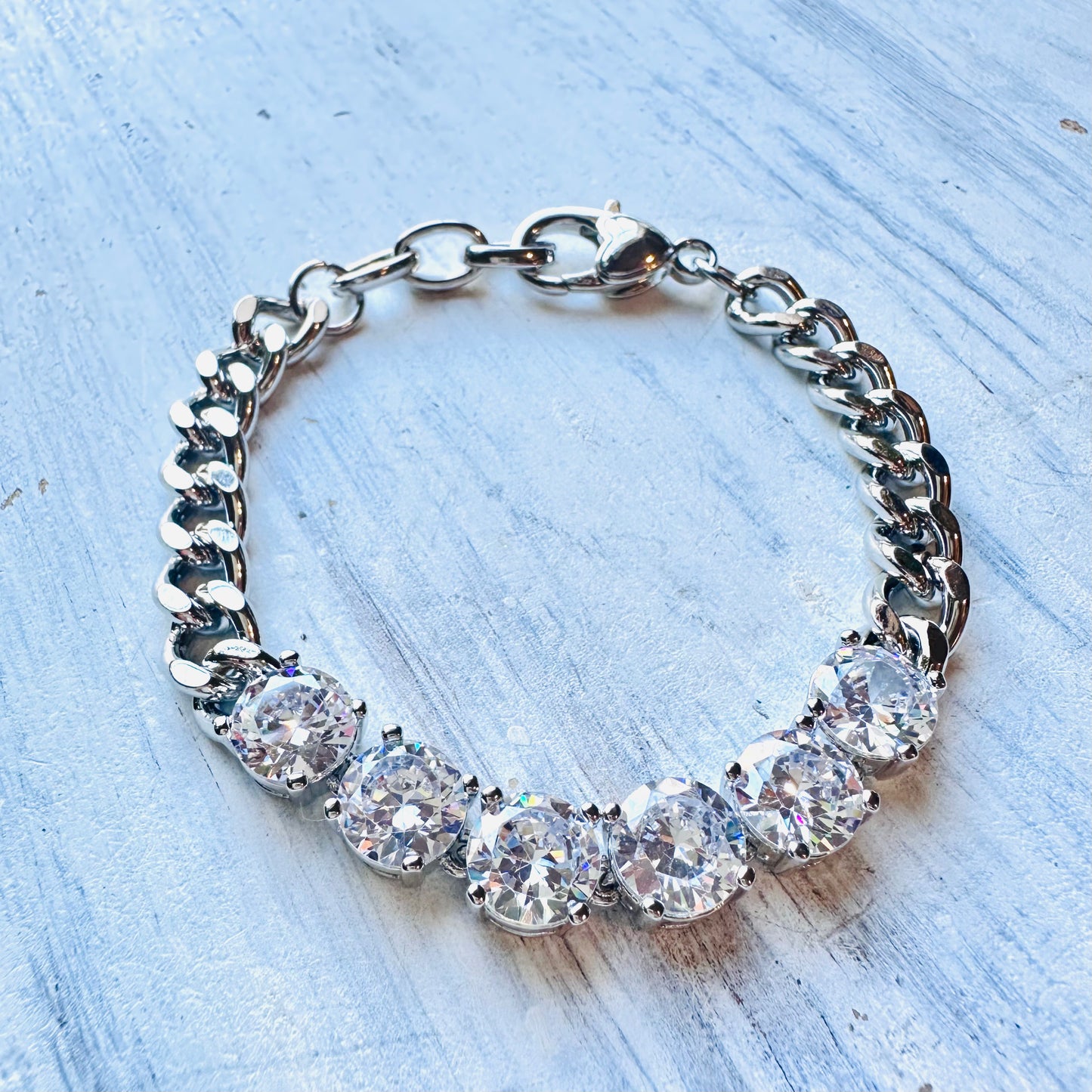 Silver & 6 Large CZ Stones Chain Bracelet