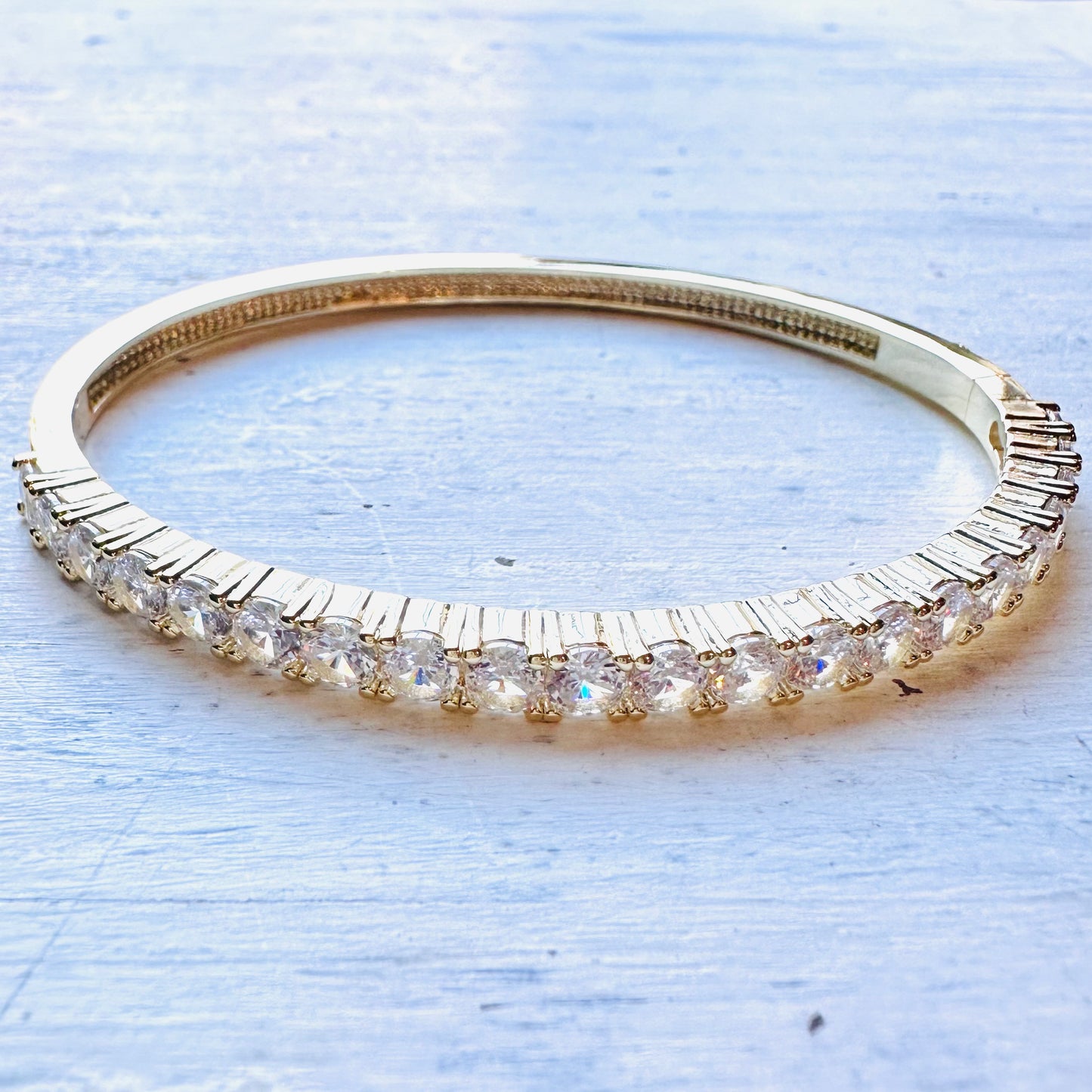 Gold CZ Tennis Style Hinged Cuff Bracelet