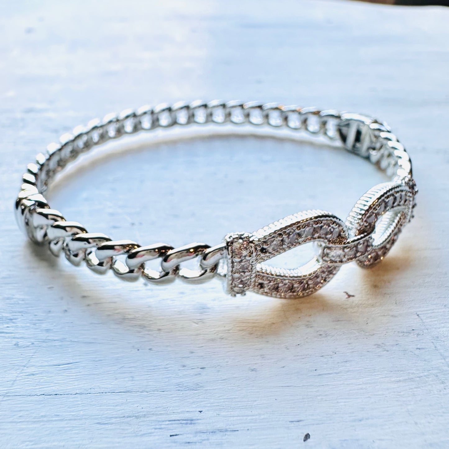Silver & CZ Link Chain Bangle Bracelet