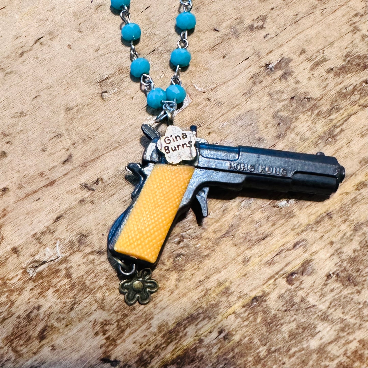 Turquoise Beaded Necklace & Mustard Pistol Pendant