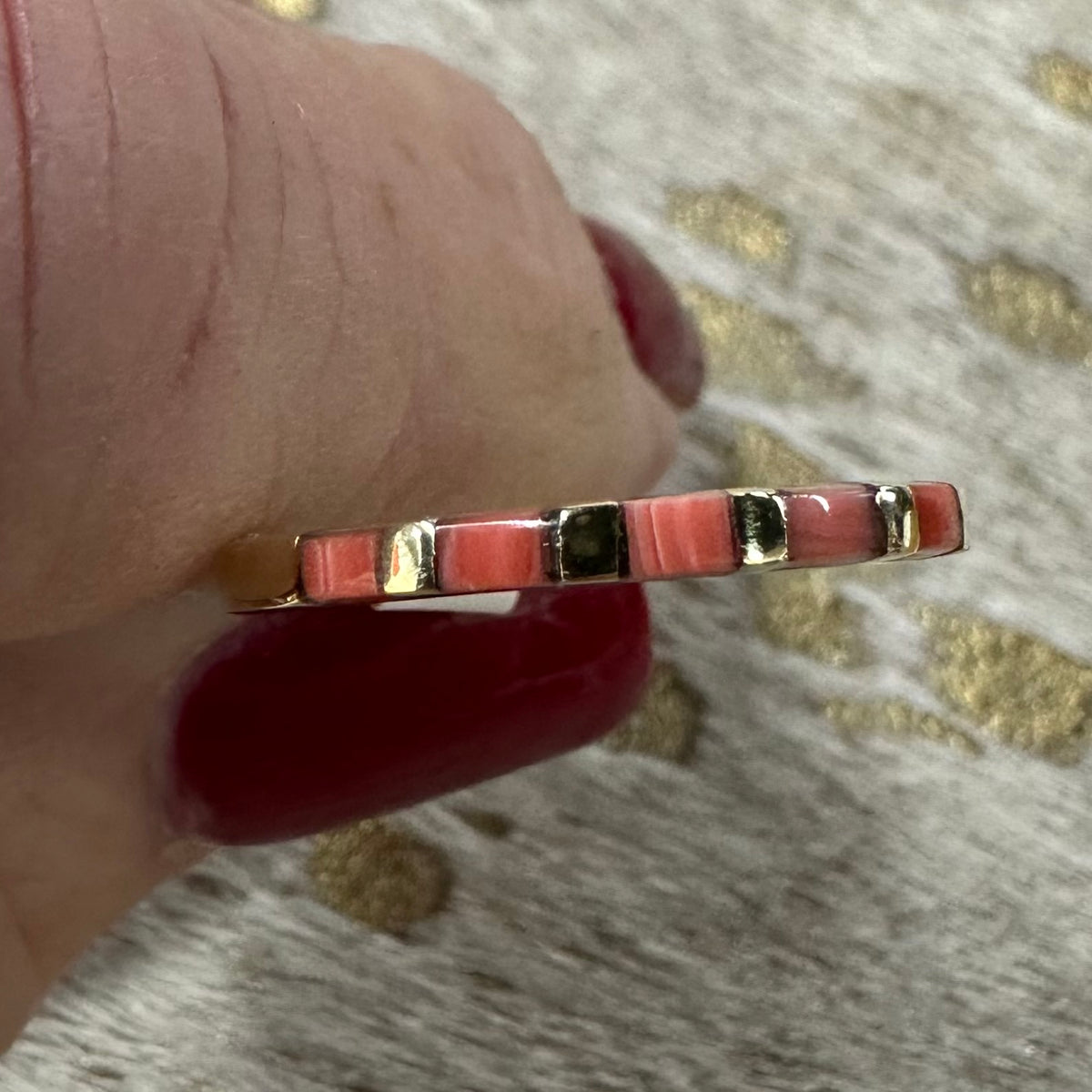 Brass & Coral Pink Jasper Mini Inlay Stacker Ring