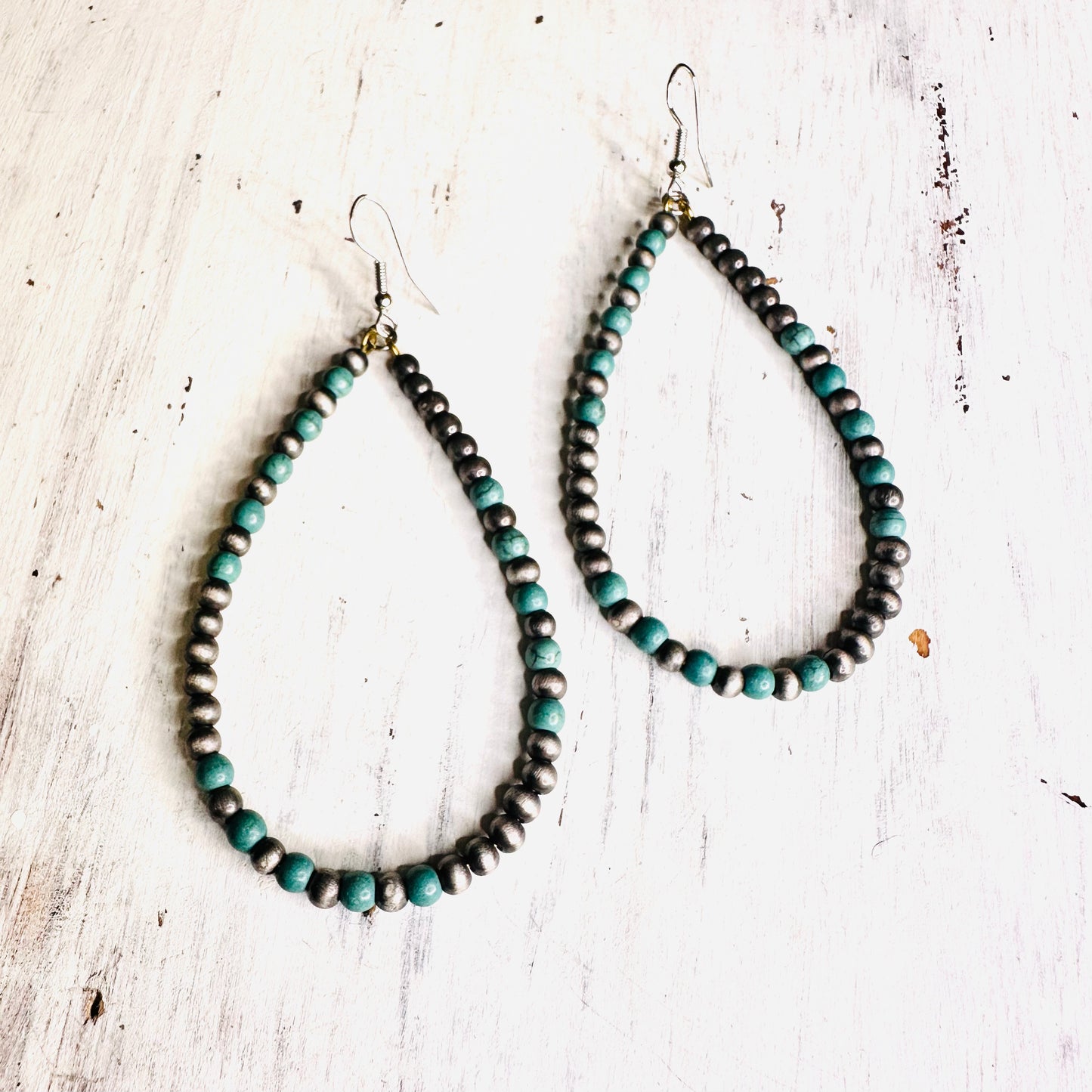 Pewter & Turquoise Beaded Teardrop Earrings