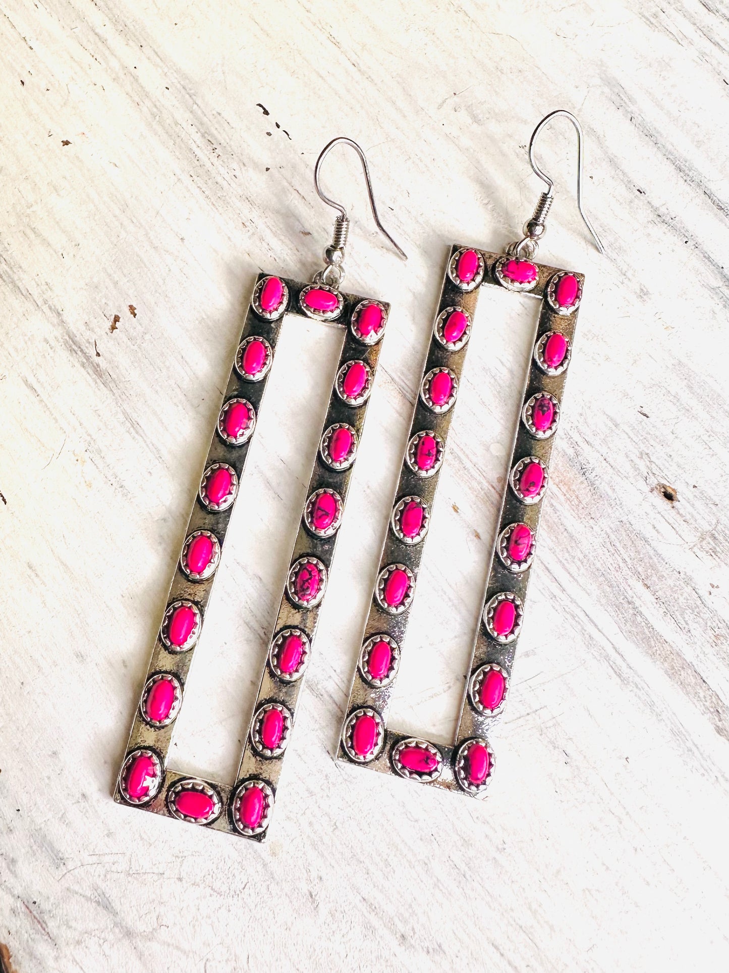 Hot Pink Stone Rectangle Dangle Earrings