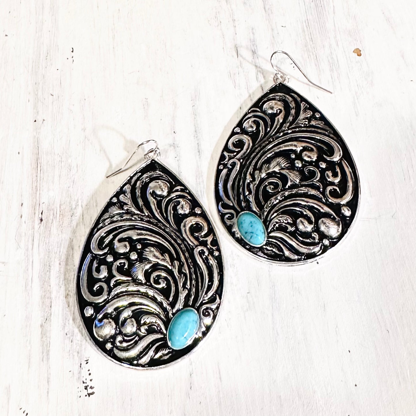 Tooled Teardrop & Turquoise Dangle Earrings
