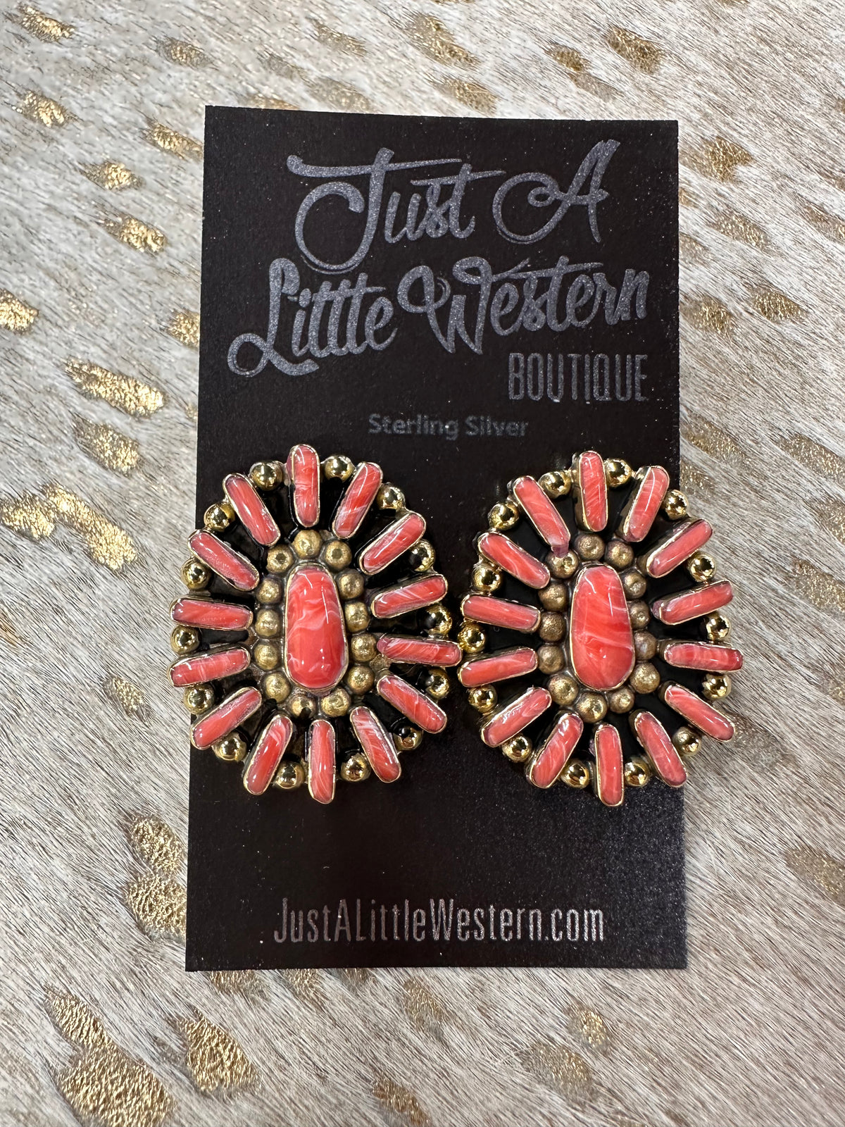 Brass Coral Pink Jasper Oval Cluster Earring