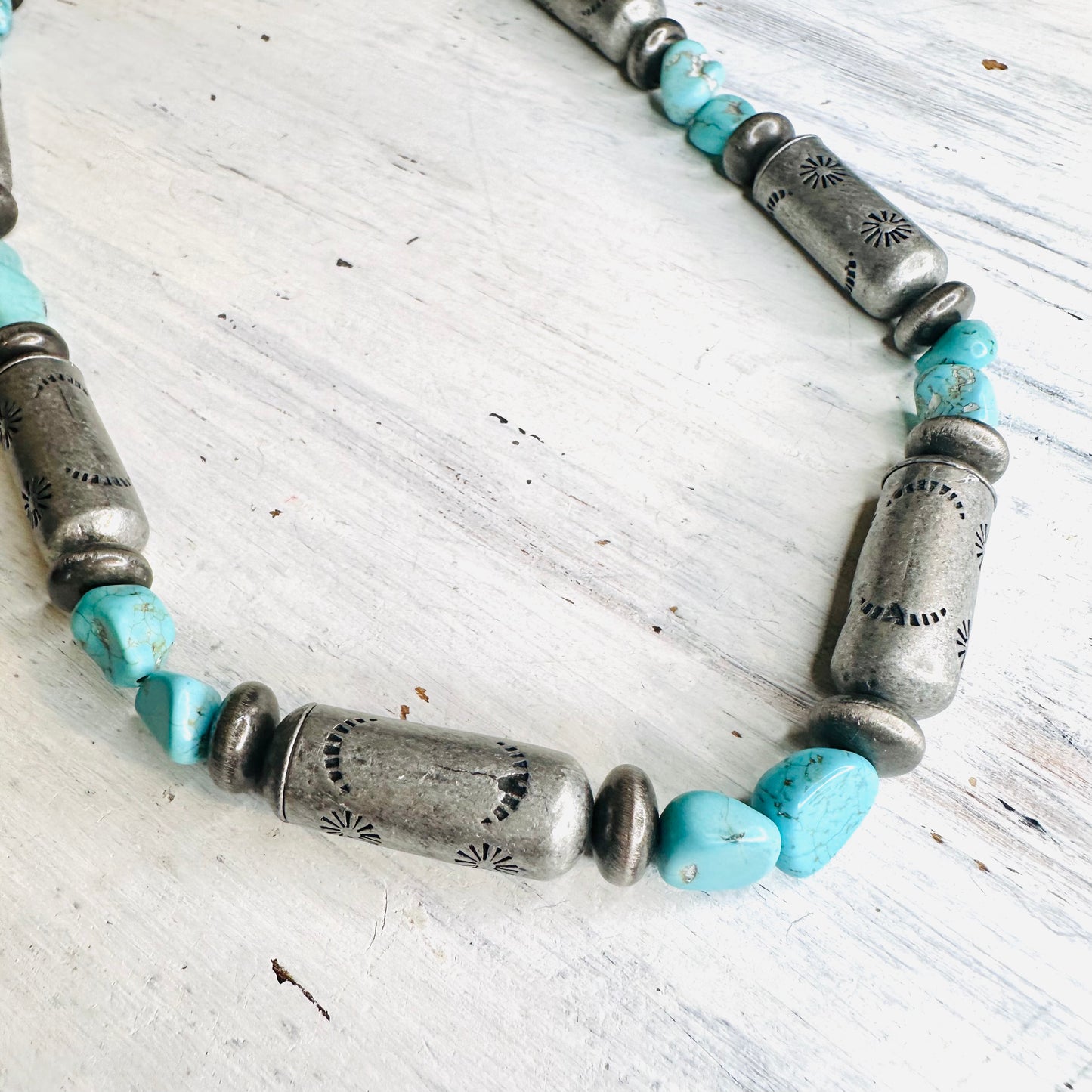 Turquoise & Pewter Barrel Bead Necklace