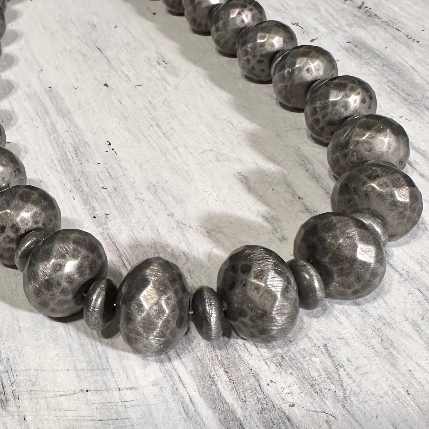 Textured Pewter Pearl & Disc Beaded Necklace