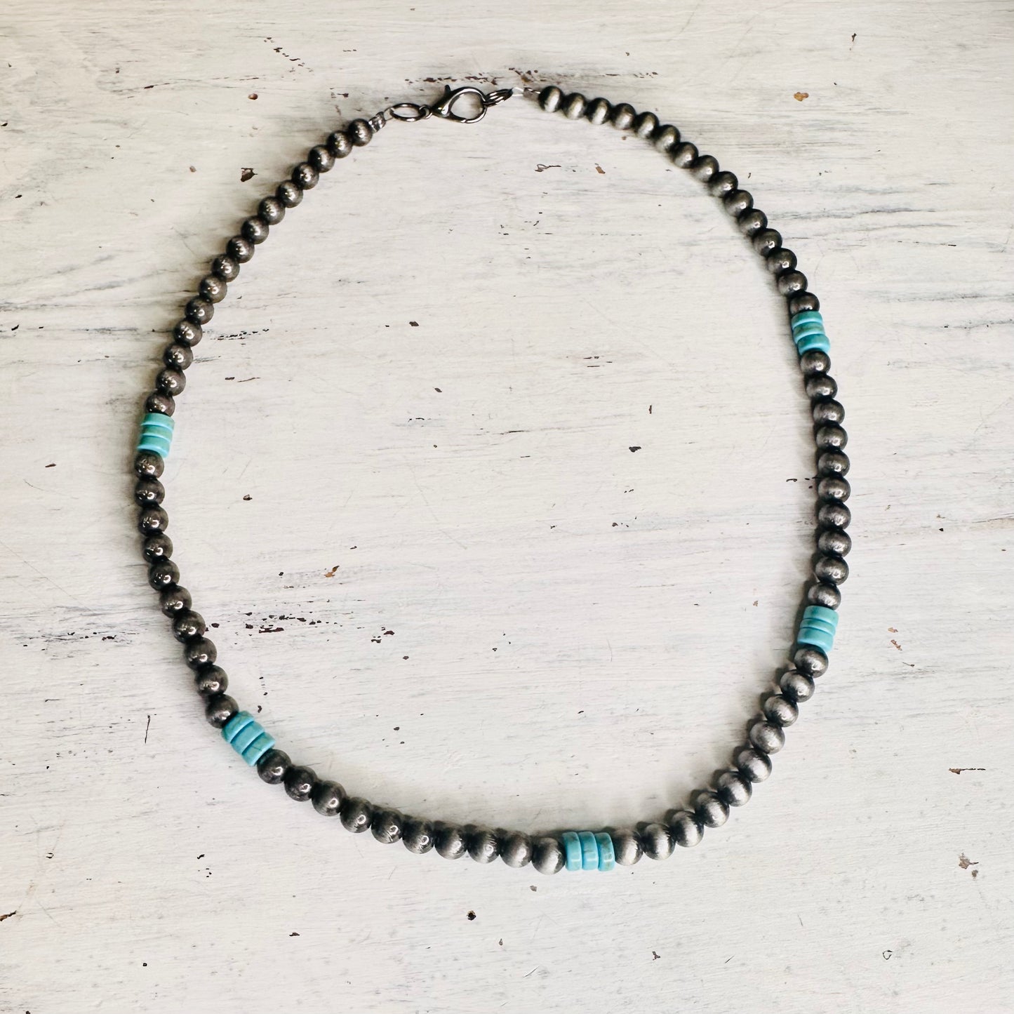 18" Pewter Pearl & Turquoise Roundel Beaded Necklace