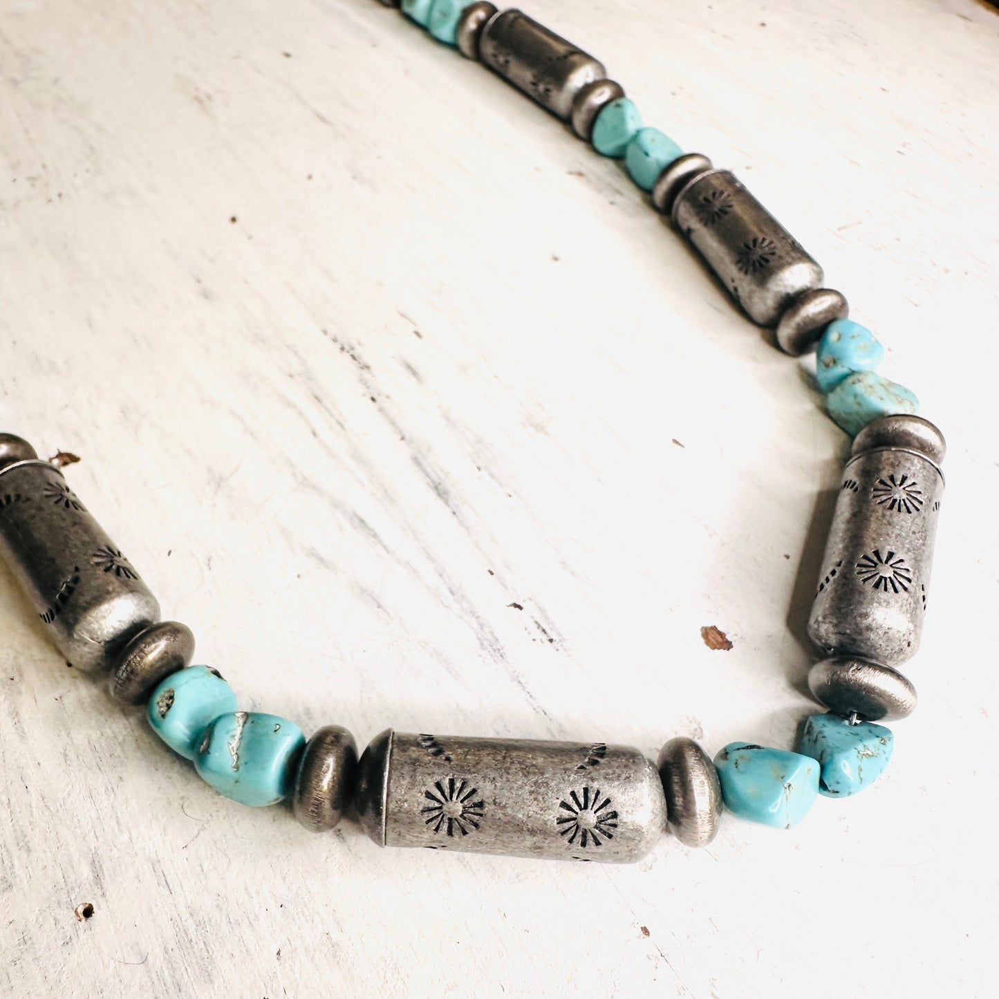 22" Turquoise & Pewter Barrel Beaded Necklace
