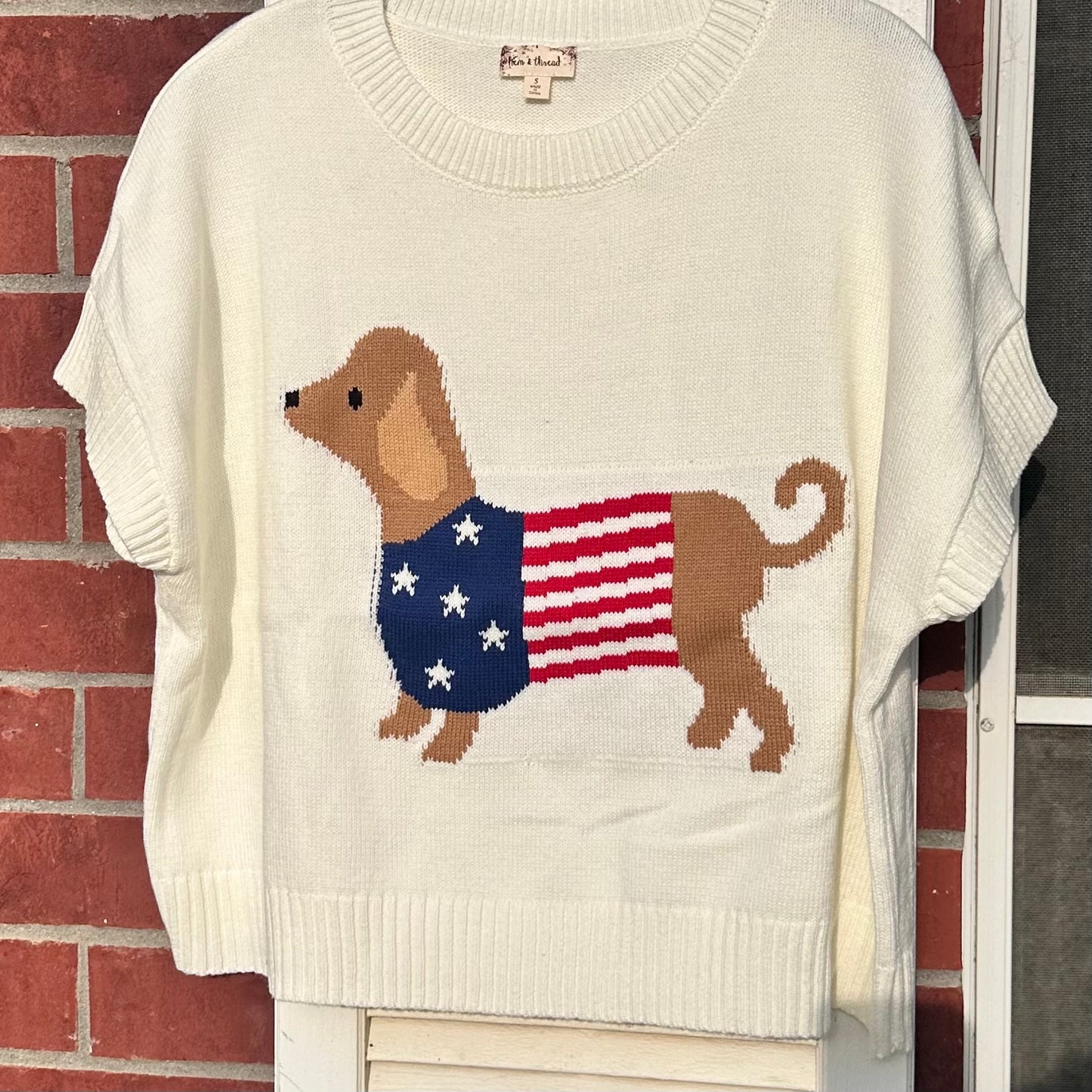 White Short Sleeve Puppy Flag Sweater