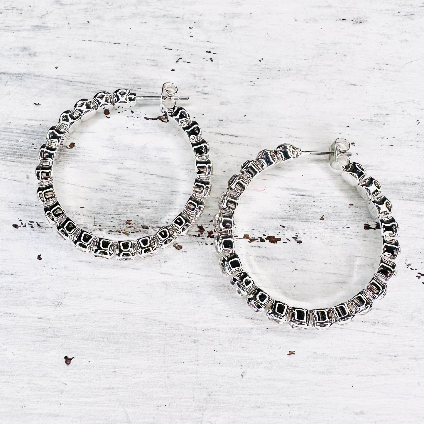 1.25" Silver Rhinestone Hoop Earrings
