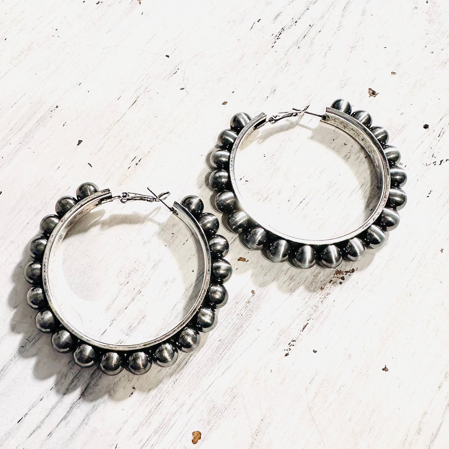 2.5" Pewter Pearl Hoop Earrings