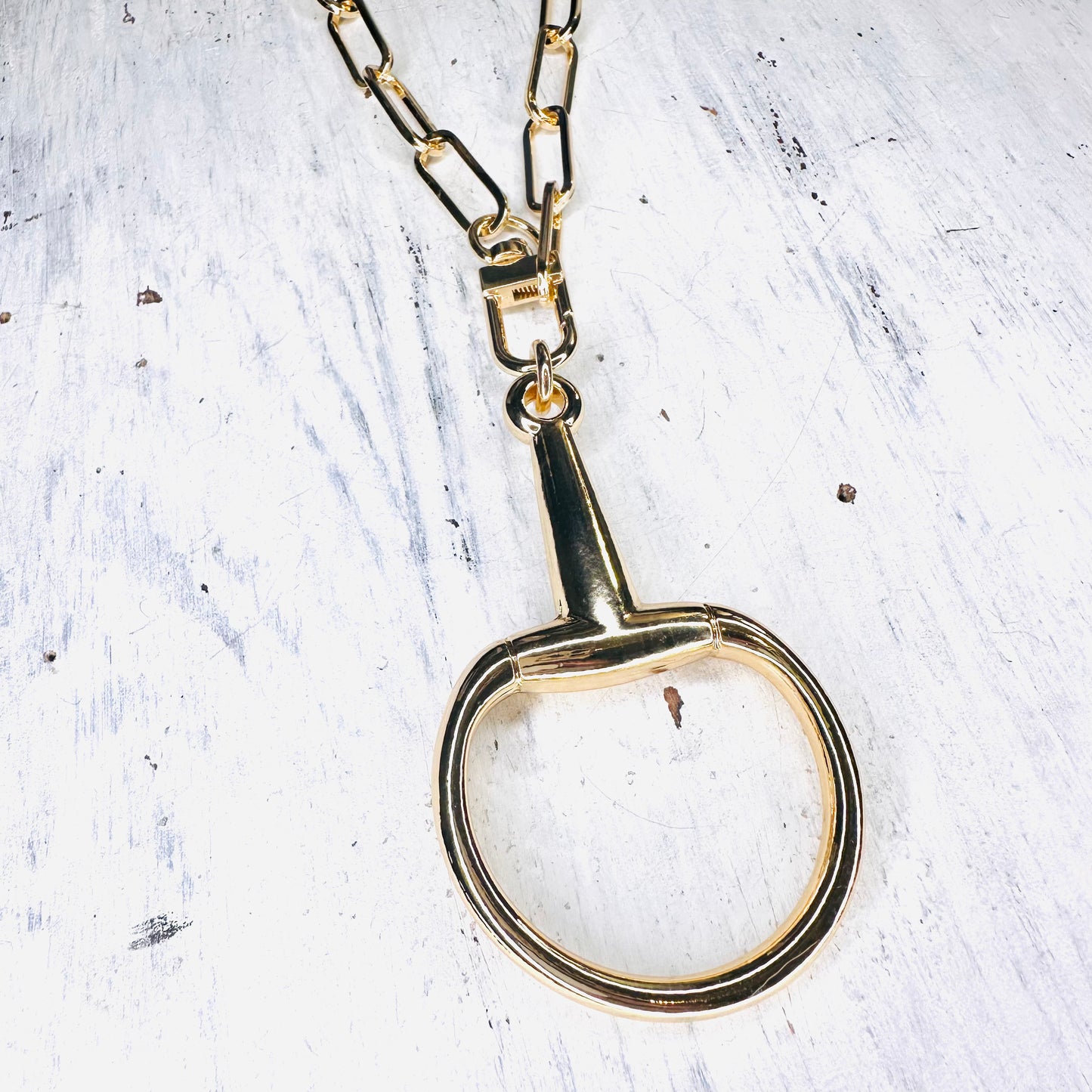 Large Gold Bit Pendant & Paperclip Chain Necklace