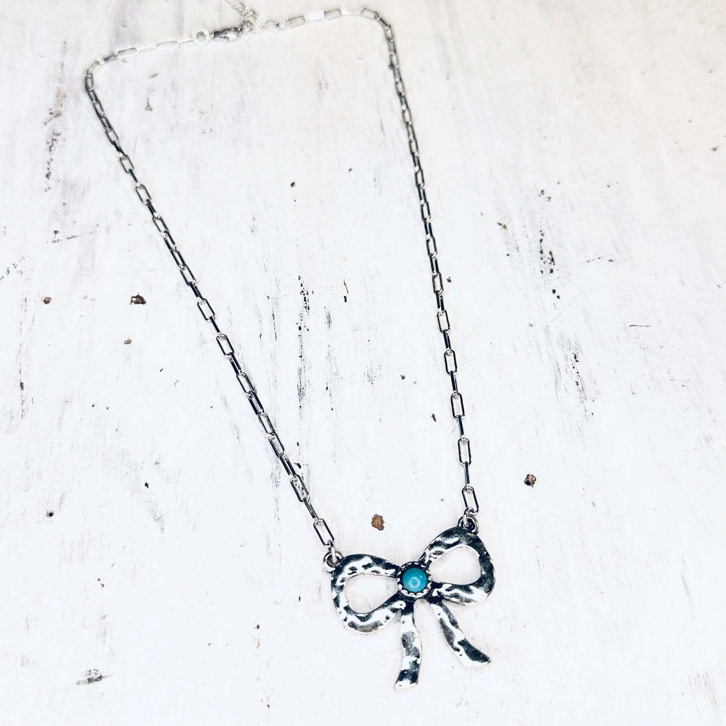 Hammered Bow & Turquoise Pendant Necklace