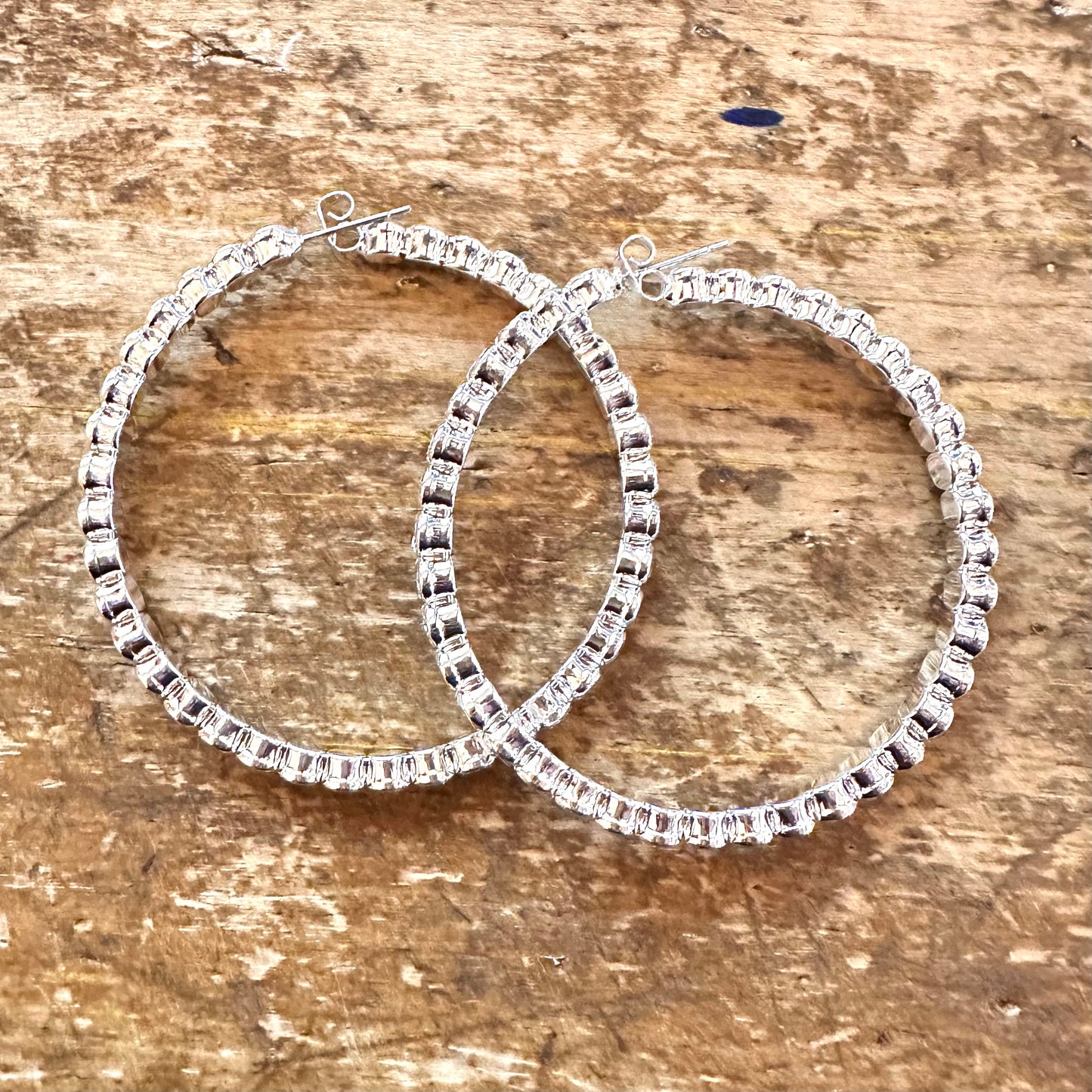 2 1/8" Silver Rhinestone Hoop Earrings