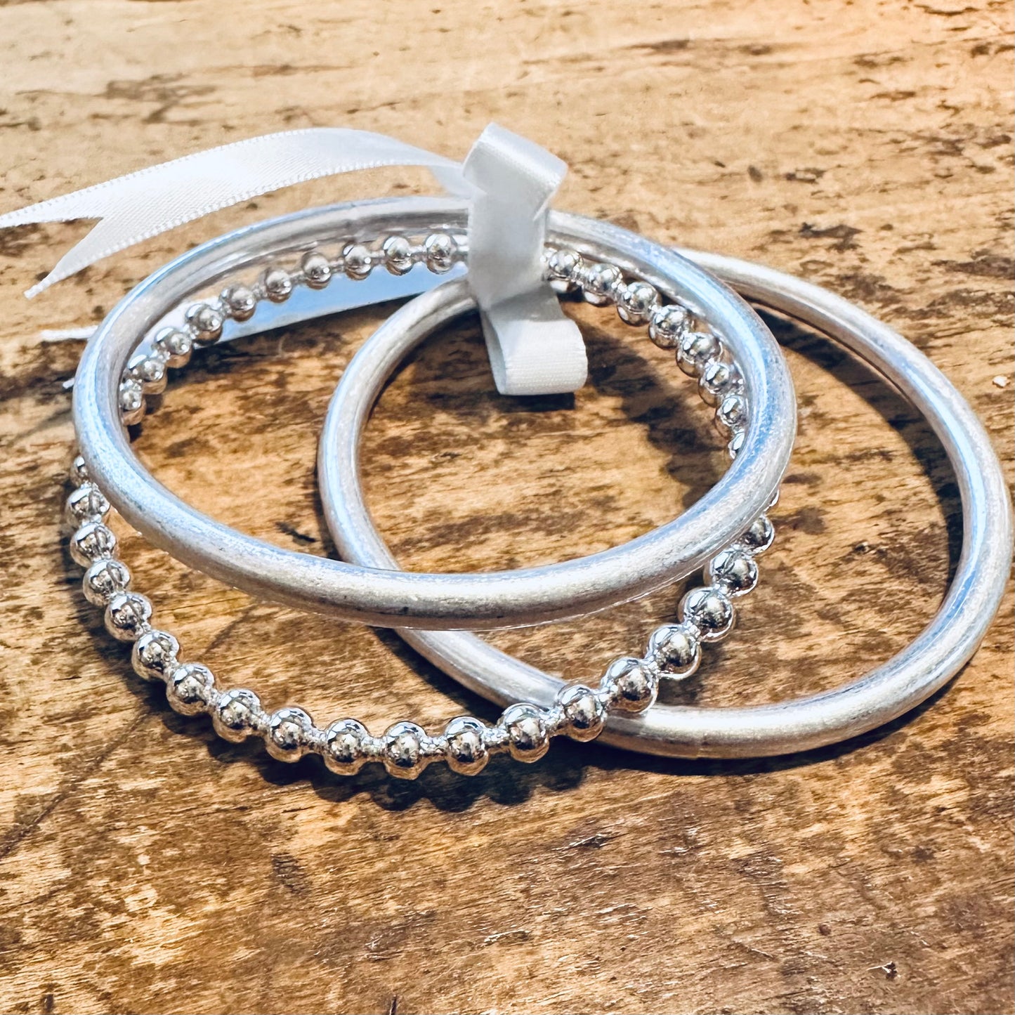 Silver Bangle & Bead Bracelet Set of 3