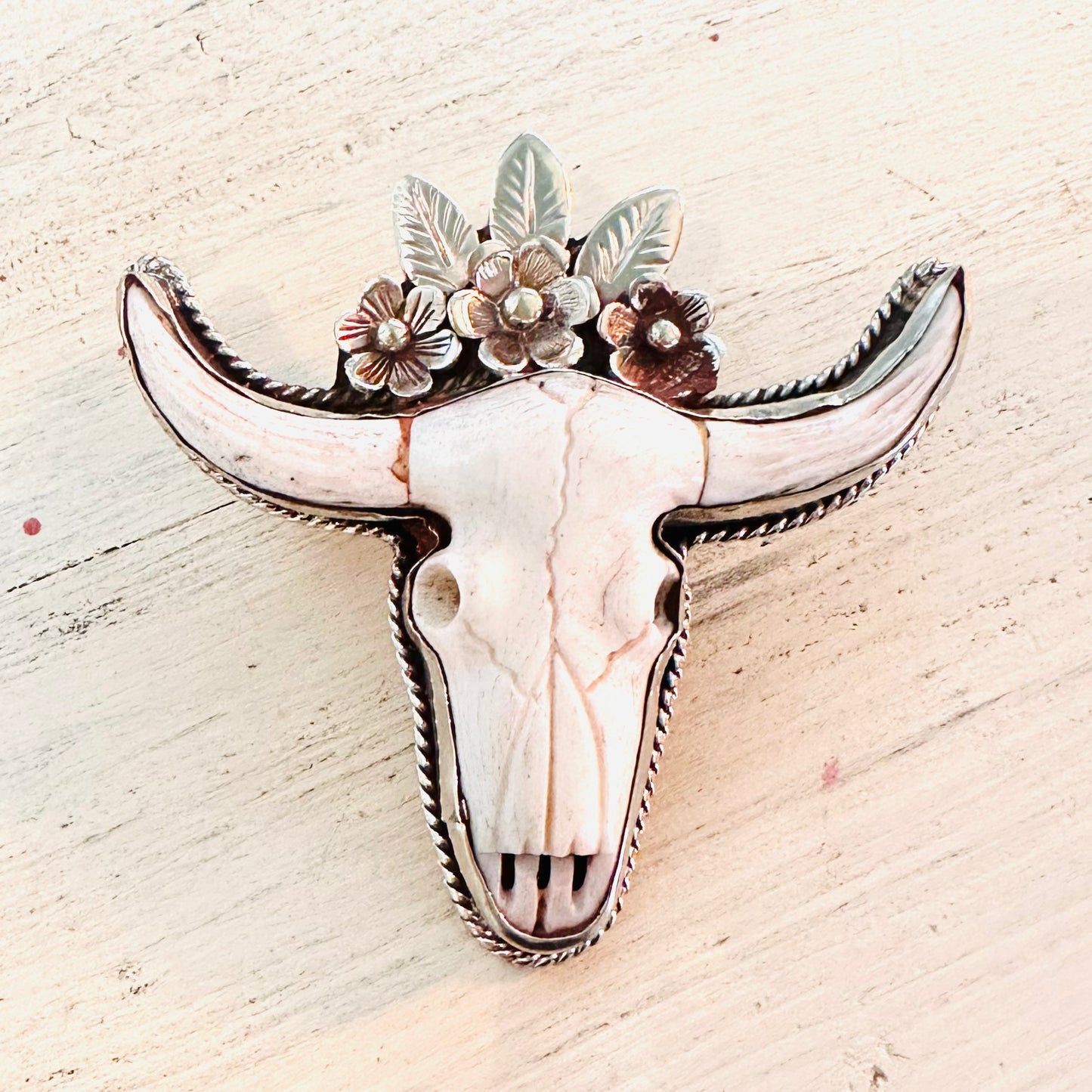 Carved Steer with Floral Accent Coin Silver Pendant